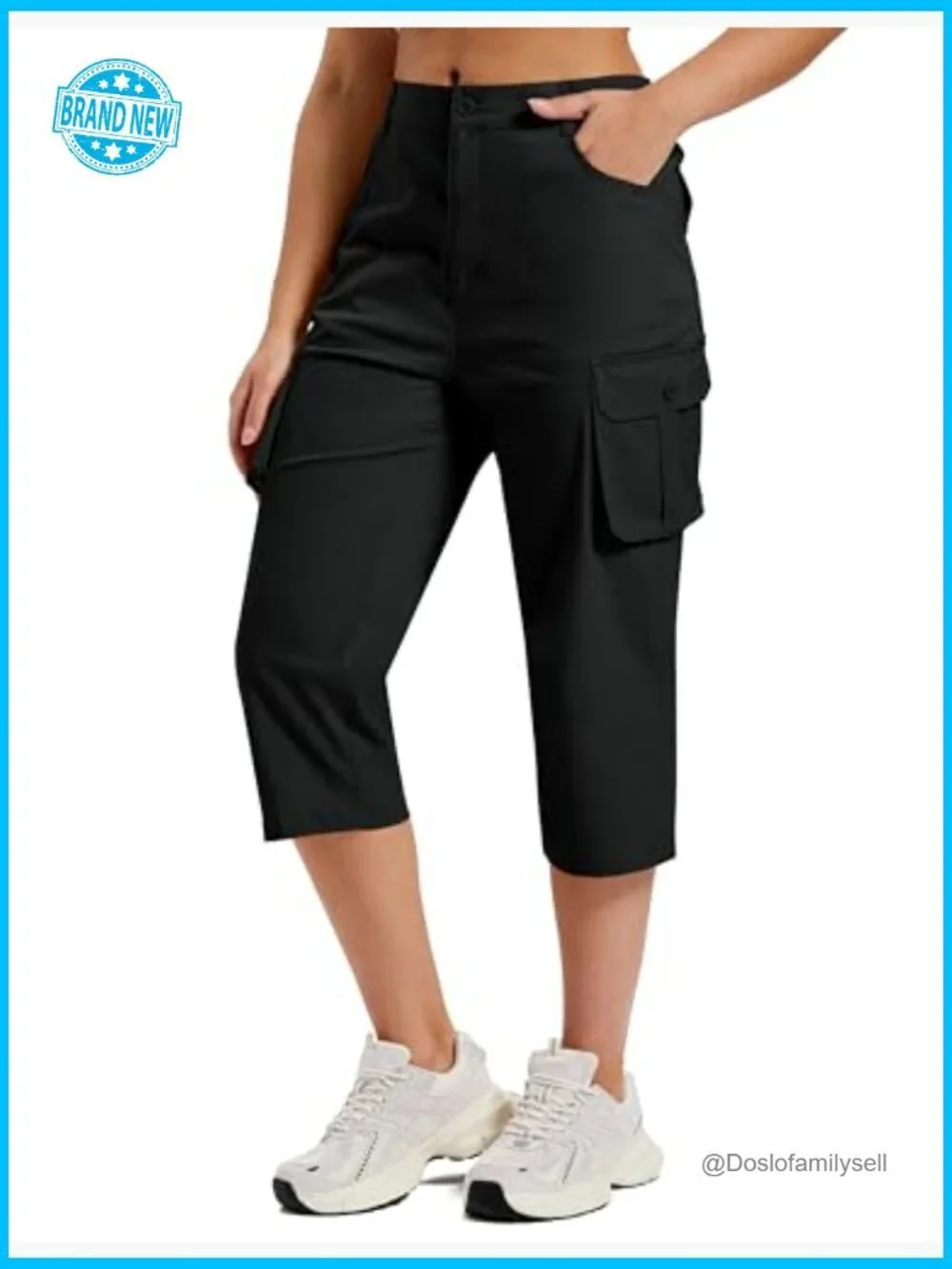 Cargo Capris Cotton Pants with Button Pockets Elastic Waist Lightweight Cute